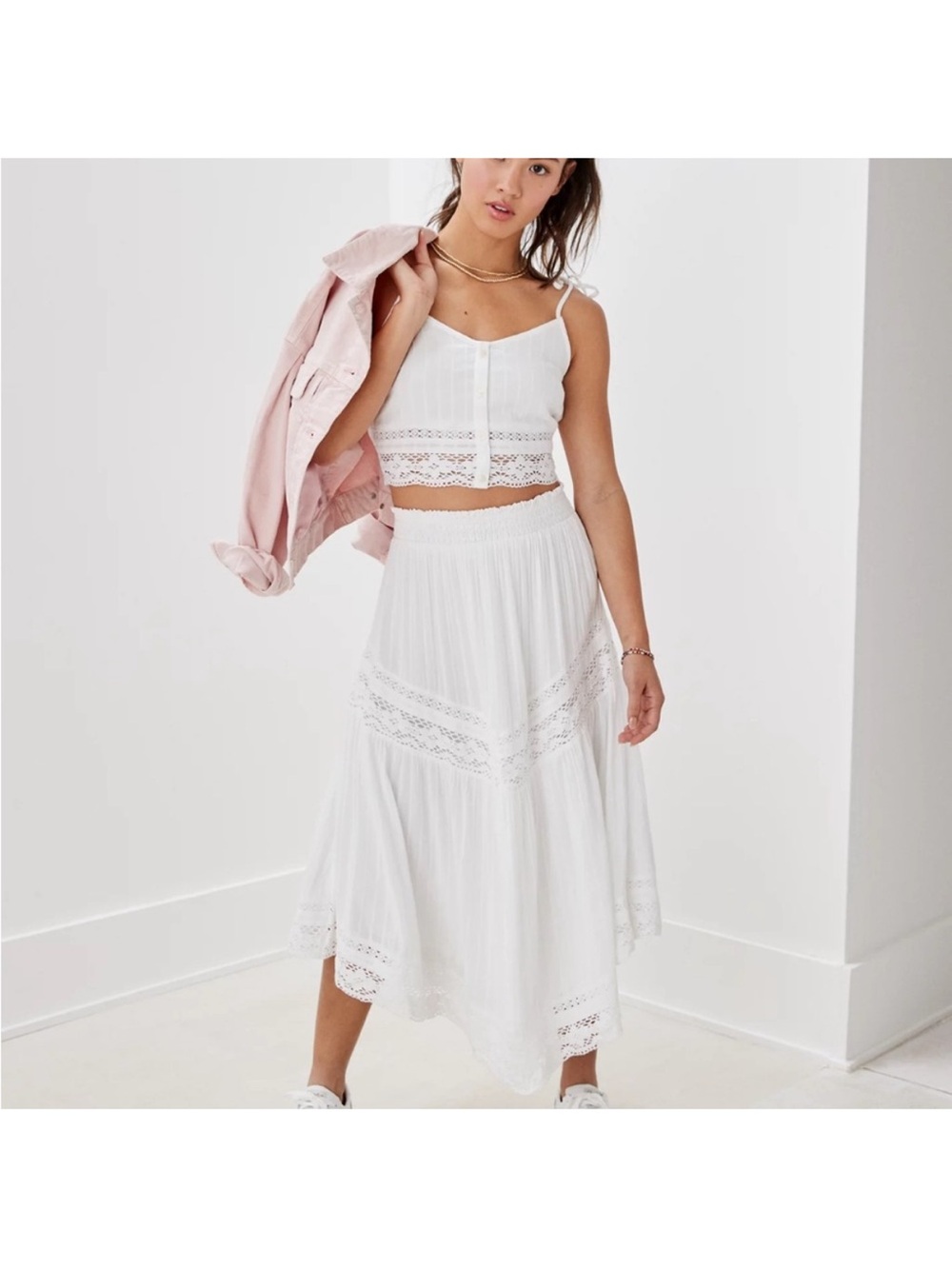 American Eagle Outfitters White Lace-Trim Midi Skirt